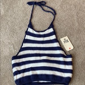 Blue and white halter neck crop top